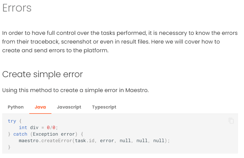Screenshot of the documentation showing how to create a more simple error. The screenshot is just demonstrative. Everyone can view everything in an accessible way in the documentation, and there are more guidelines for other types of errors in the rest of the document page.