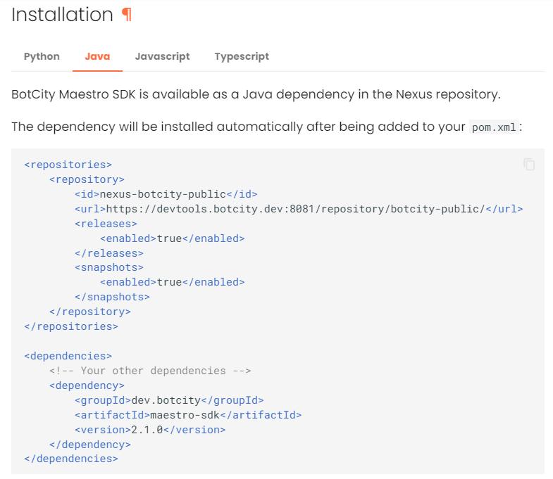 Screenshot of the documentation showing how to configure the pom.xml file with the dependencies. The screenshot is only demonstrative, everything is accessible in the documentation, and there is more guidance on the rest of the document page.