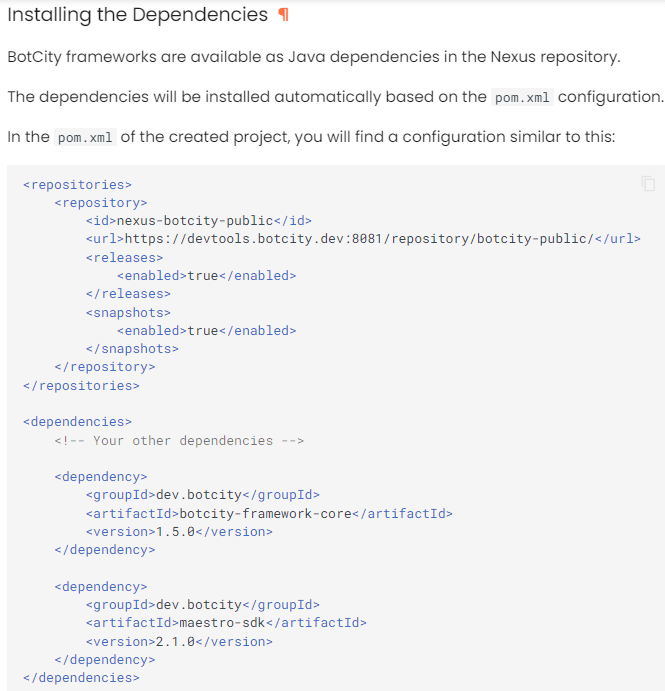 Screenshot of the documentation showing how to configure the pom.xml file with the dependencies. The screenshot is only demonstrative, everything is accessible in the documentation, and there is more guidance on the rest of the document page.