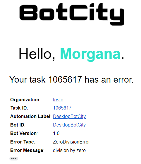 Screenshot of the error alert received via e-mail.