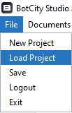 print do menu file aberto dentro do BotCity Studio mostrando a opção "load project" em destaque