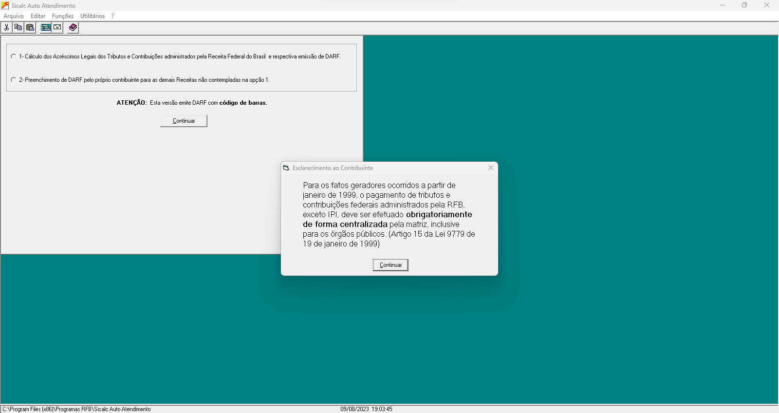 print da tela inicial do sicalc aberta