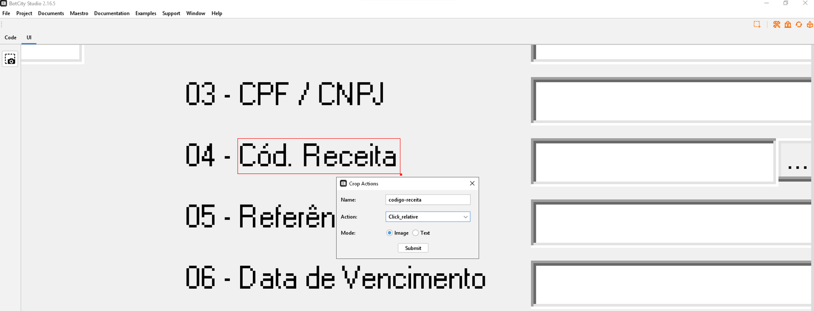 print com a tela em destaque para a parte de código da receira selecionada e a janela para preenchimento de nome e ação
