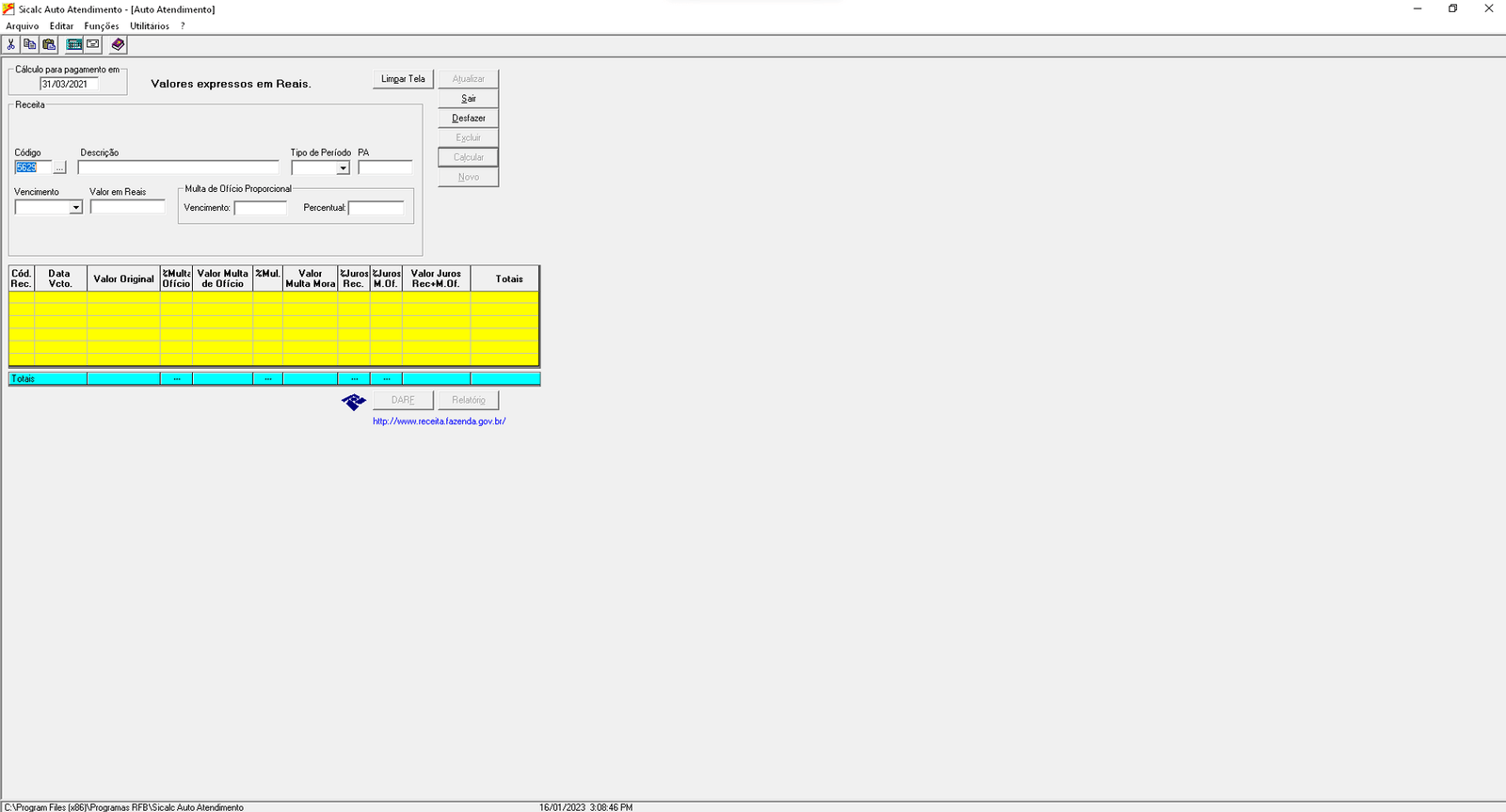 print da tela do sicalc para preenchimento de informações conforme descrito no tutorial