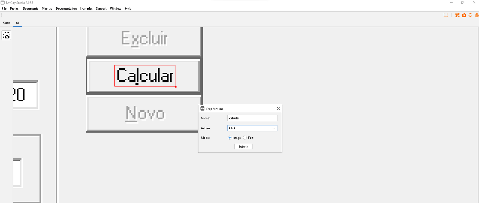 print da tela do sicalc com destaque no botão calcular e a janela para preencher o nome do botão e a ação de clique