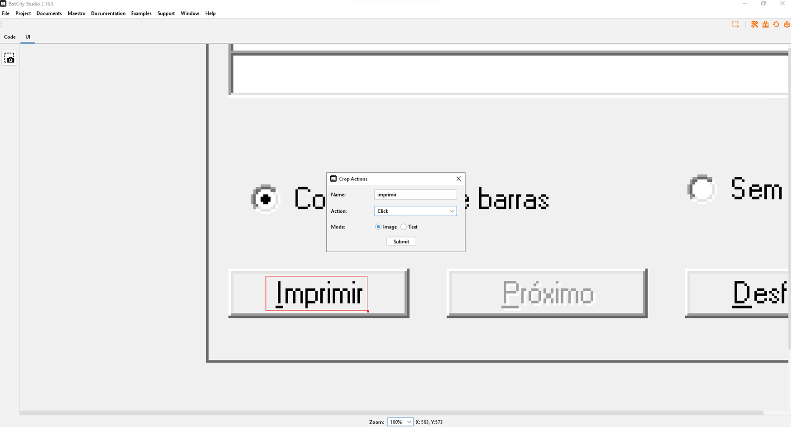 print do sicalc com o botão imprimir em destaque e a janela para configurar a ação de clique