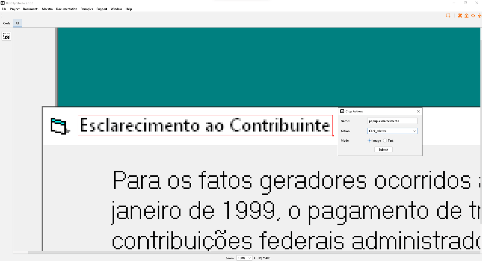 print da tela esclarecimento ao contribuinte e a janela solicitando as informações de nome, ação e modo