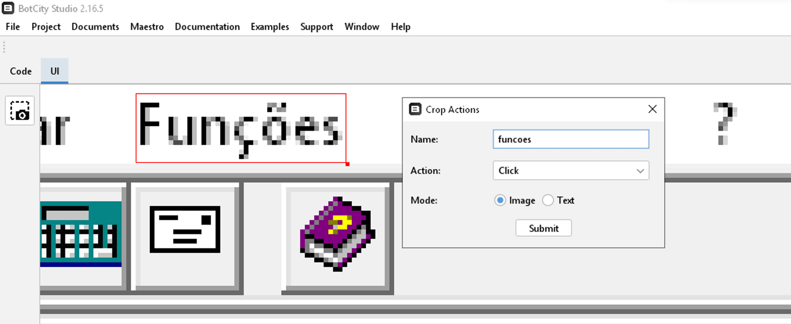 print mostrando em destaque a parte de funções selecionada com nome e ação preenchidos conforme texto do tutorial