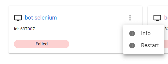 print do card da tarefa mostrando o menu aberto com as opções info e restart
