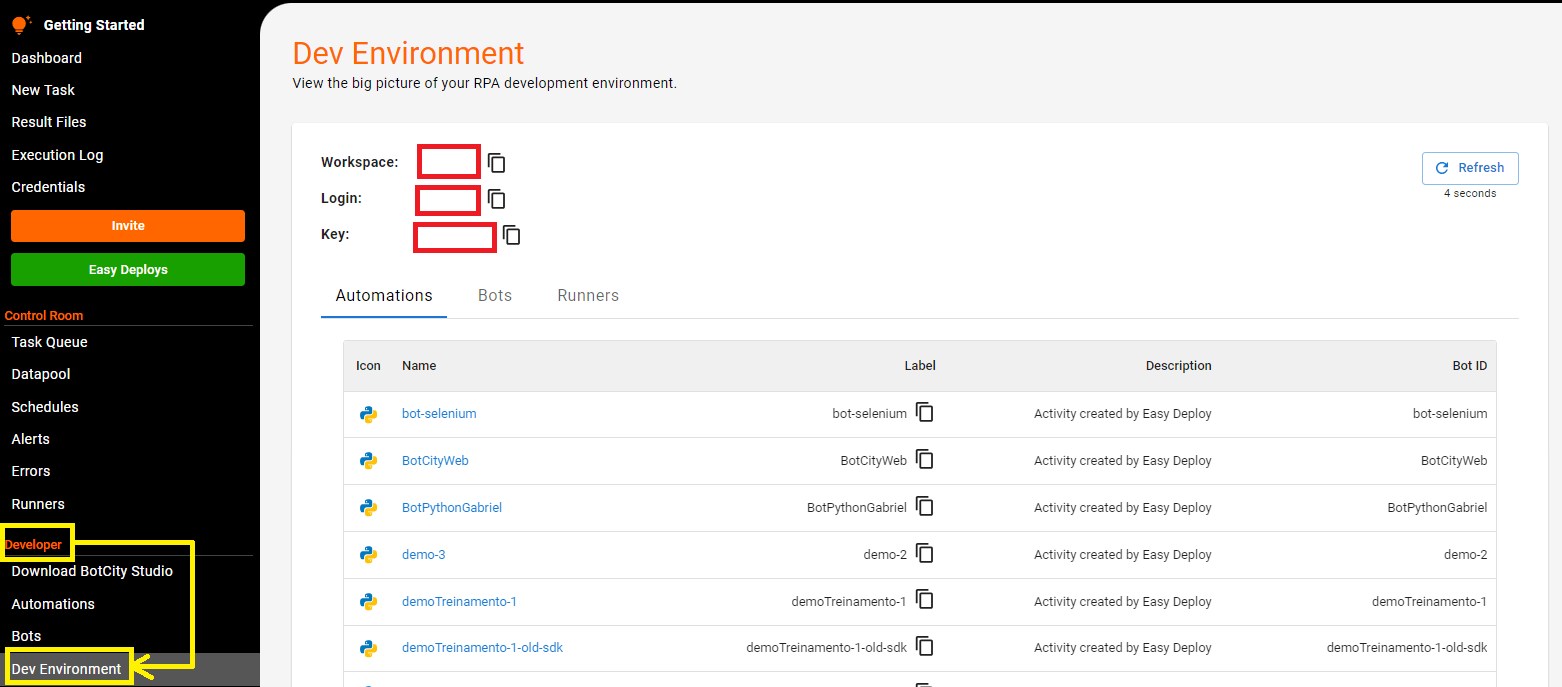Tela de dev environment apontando para os dados workspace, login e key.