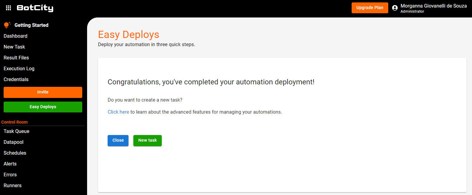 Tela Easy Deploys no fim, quando o deploy já aconteceu com sucesso e com o botão de fechar e o botão de nova tarefa.