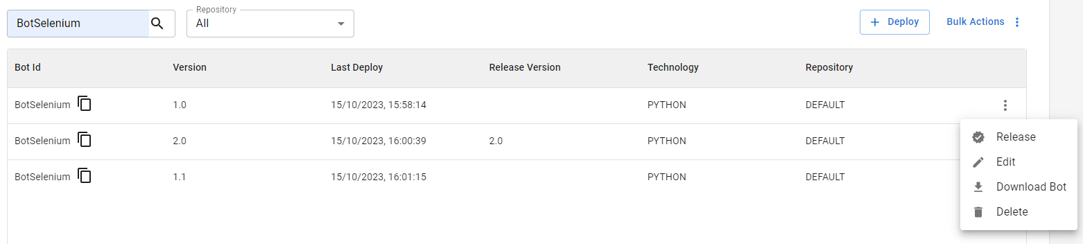 Print com a opção do ícone de três pontos expandida e uma delas identificada como Release.