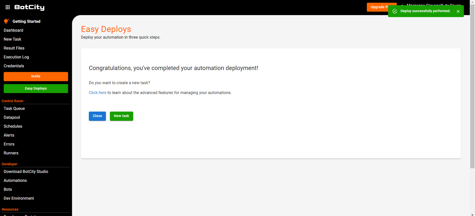 Print do BotCity Maestro na tela mostrando que o deploy aconteceu com sucesso
