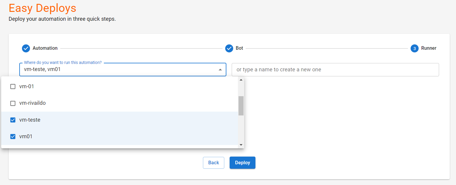 print da tela do easy deploy com dois runners selecionados para a automação