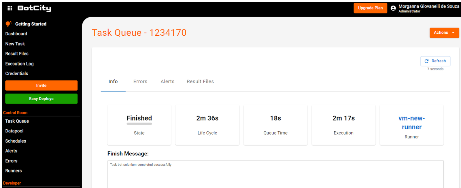 Screenshot of the BotCity Maestro screen highlighting the screen of the task performed. In the center are small boxes with information about the execution; in this case, we highlighted this item in the "State" box labeled "Finished." And the "Finish Message" reads, "Task Bot-selenium completed successfully."