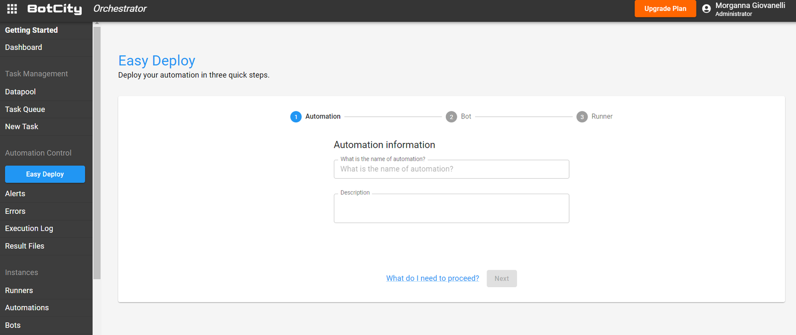 A screenshot of the BotCity Orchestrator screen to demonstrate part of the automation architecture process, showing the "easy deploy" feature.