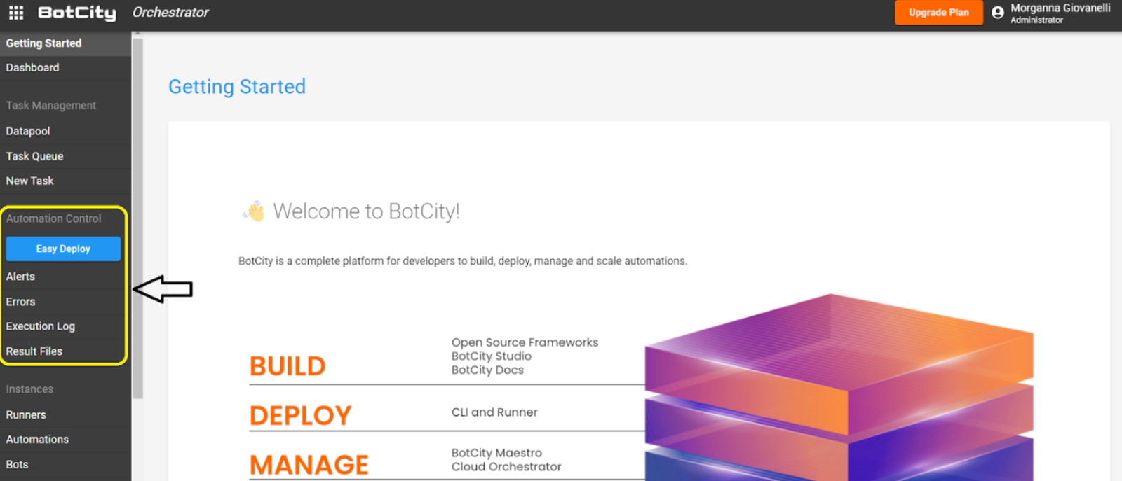 A screenshot of the BotCity Orchestrator screen to demonstrate part of the automation architecture process, showing the highlighted "automation control" menu that has alerts, errors, and result files.