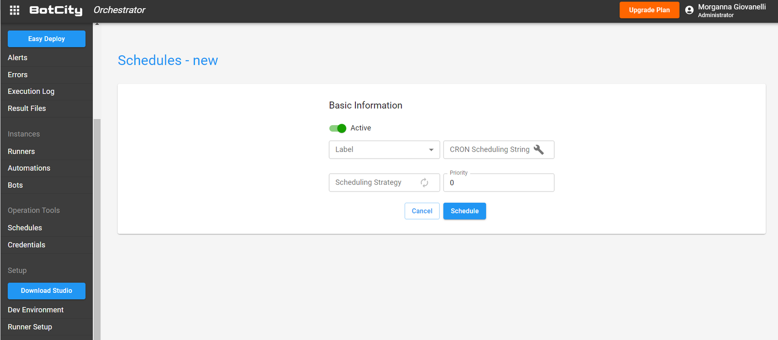 A screenshot of the BotCity Orchestrator screen to demonstrate part of the automation architecture process, showing the schedule feature.