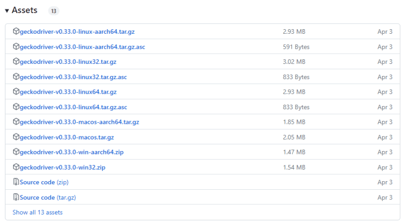 Screenshot of the assets area of the link above shows each system's different driver versions.