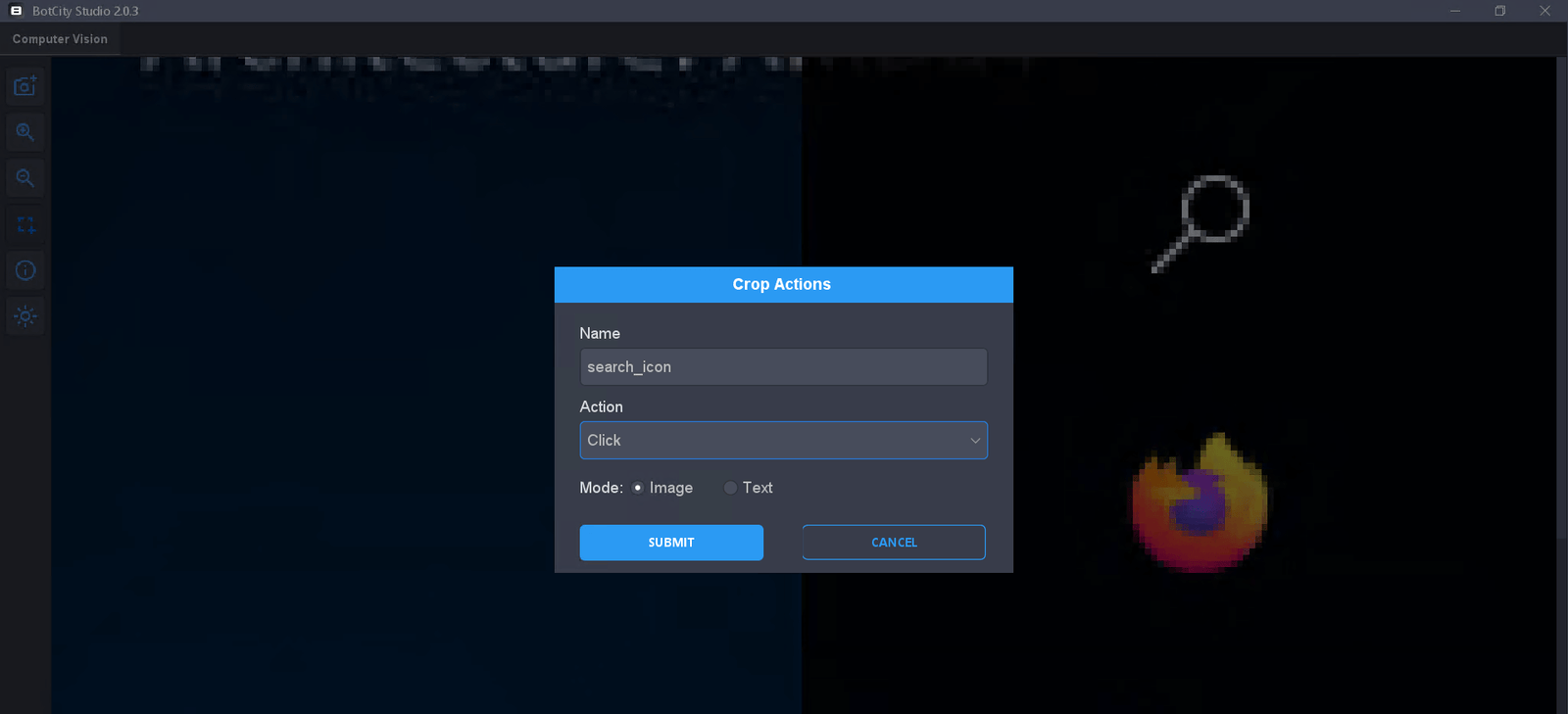 Screenshot of the Studio plugin screen from VS Code with zoom-in on the part of the VM that we will map to the start menu search icon, but with the highlighted screen where the fields are filled in as described in the article.