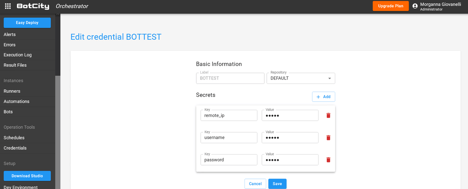 Screenshot of the screen to create a new credential showing the fields mentioned in the text and with the data filled in as described above.