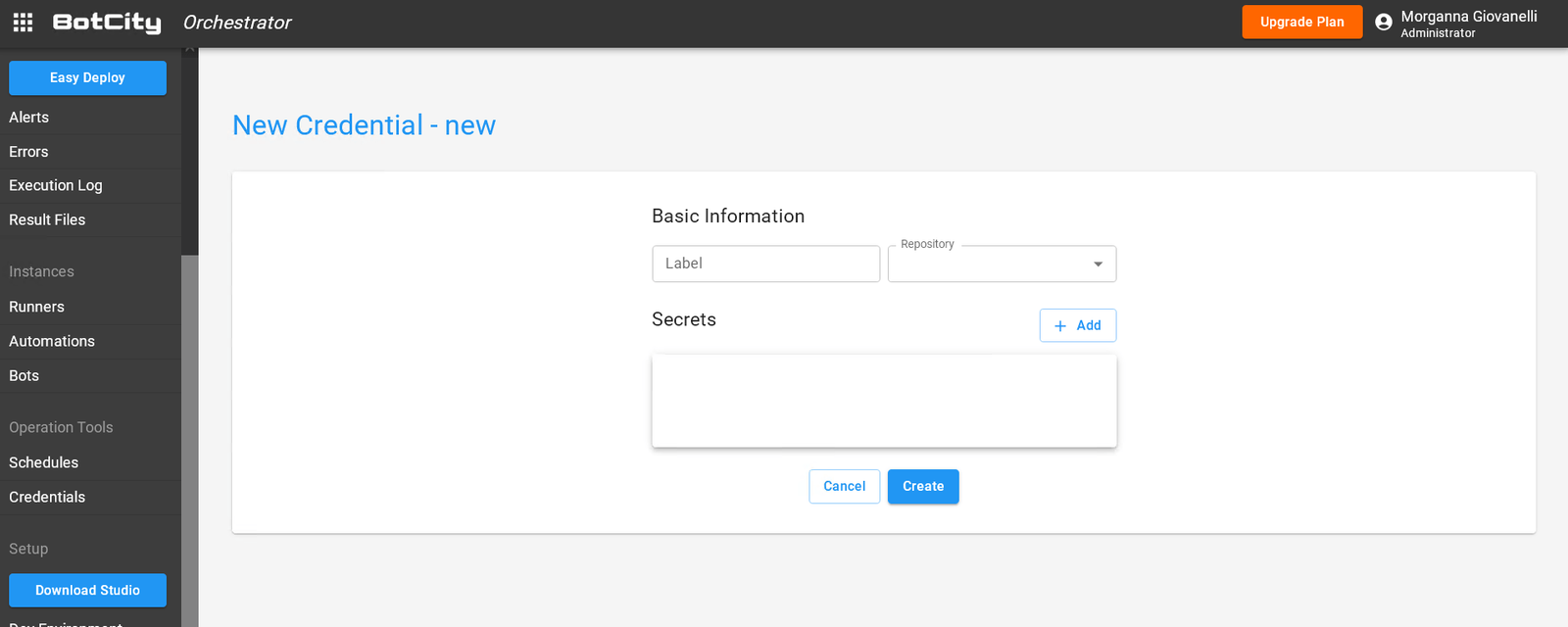 Screenshot of the screen to create a new credential showing the fields mentioned in the text.