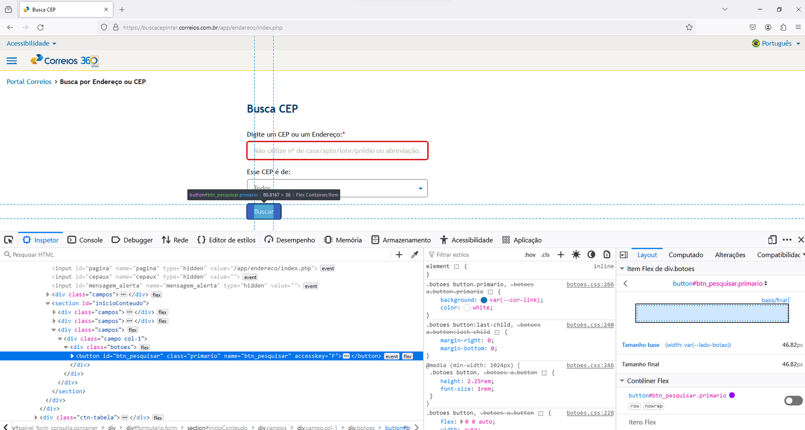 Screenshot of the post office website address's search screen with the settings and highlighted HTML code of the search button