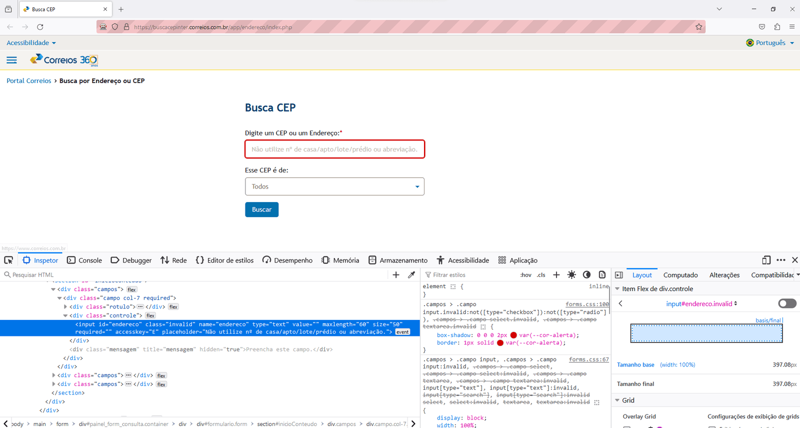 Screenshot of the post office website address's search screen with the settings and HTML code highlighted.