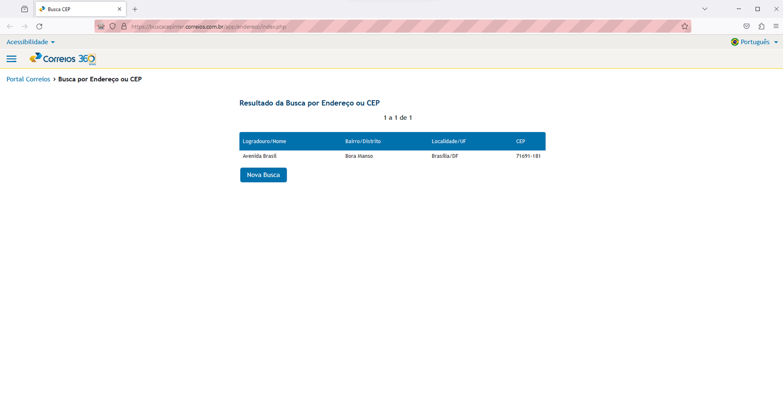 Screenshot of the result of the ZIP code query showing the street, neighborhood, city, state, and zip code