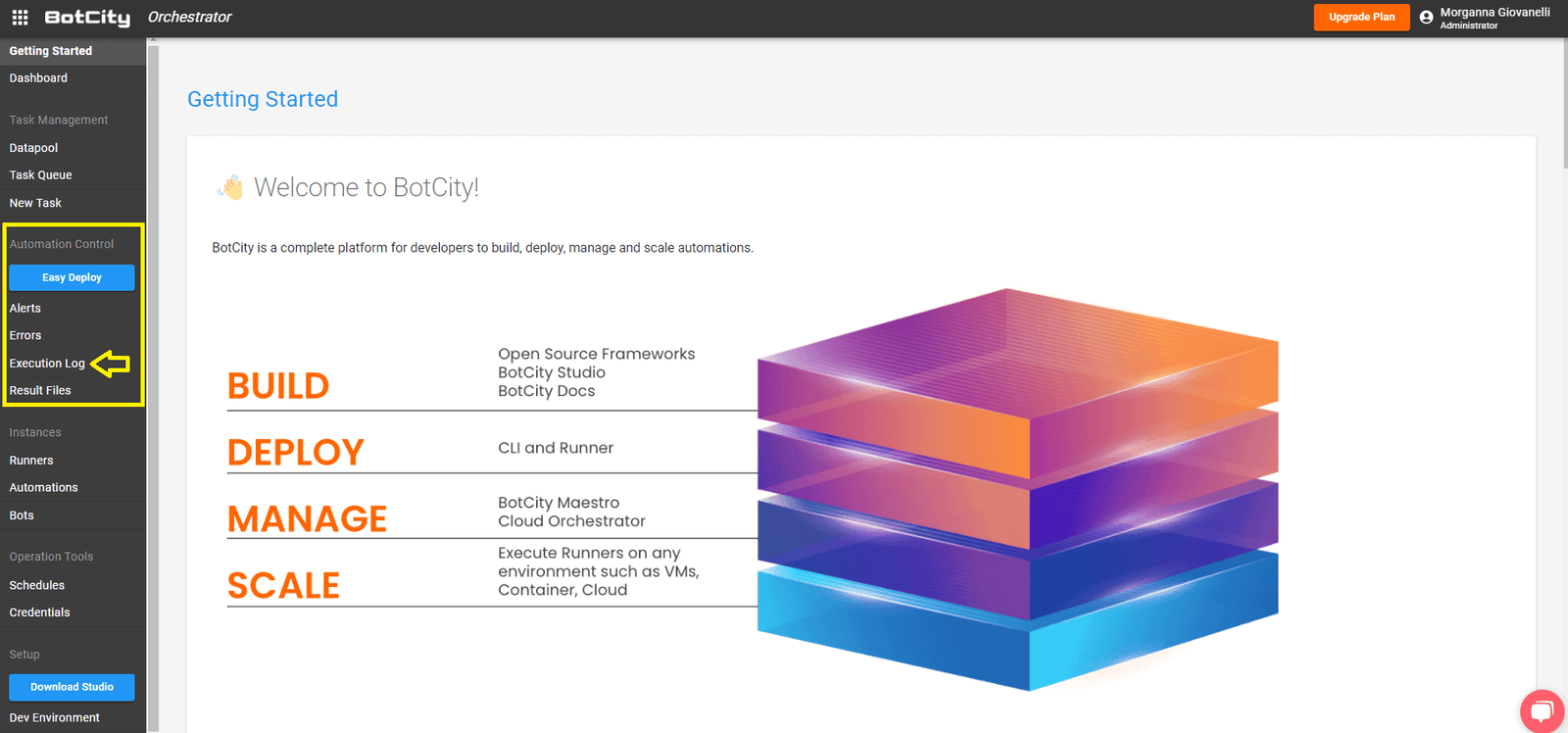 The BotCity Orchestrator home screen, with the highlighted left side menu, shows the 