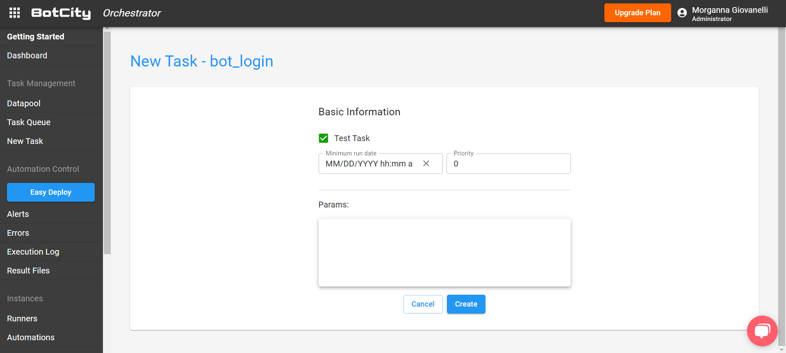 Task creation screen with the form to fill out. Highlighted showing the 