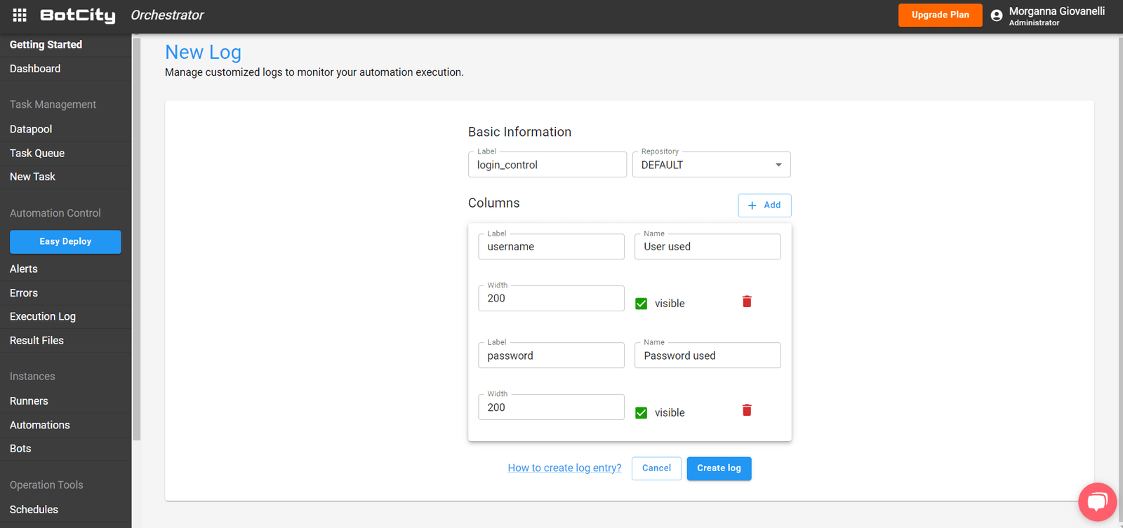 Log creation screen requesting the information described in the above section of the text.