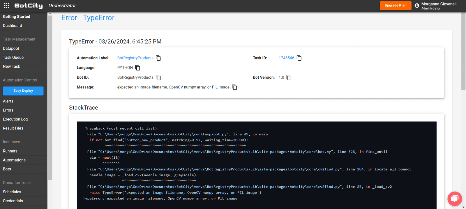 Screenshot da tela mostrando um exemplo de erro TypeError e uma parte do stacktrace