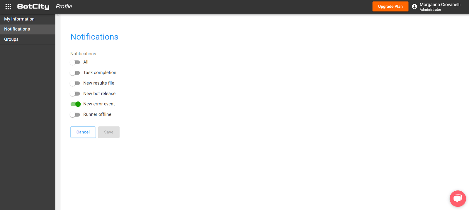 Screenshot da tela Notifications mostrando a opção 