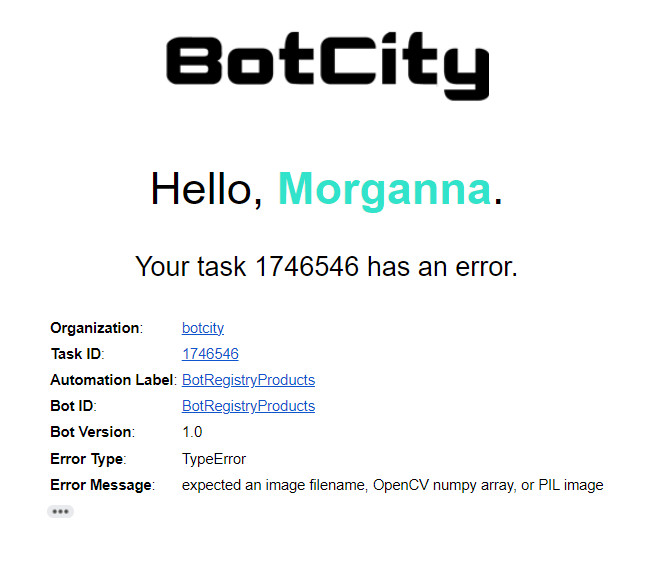 Screenshot do e-mail recebido mostrando as informações do erro