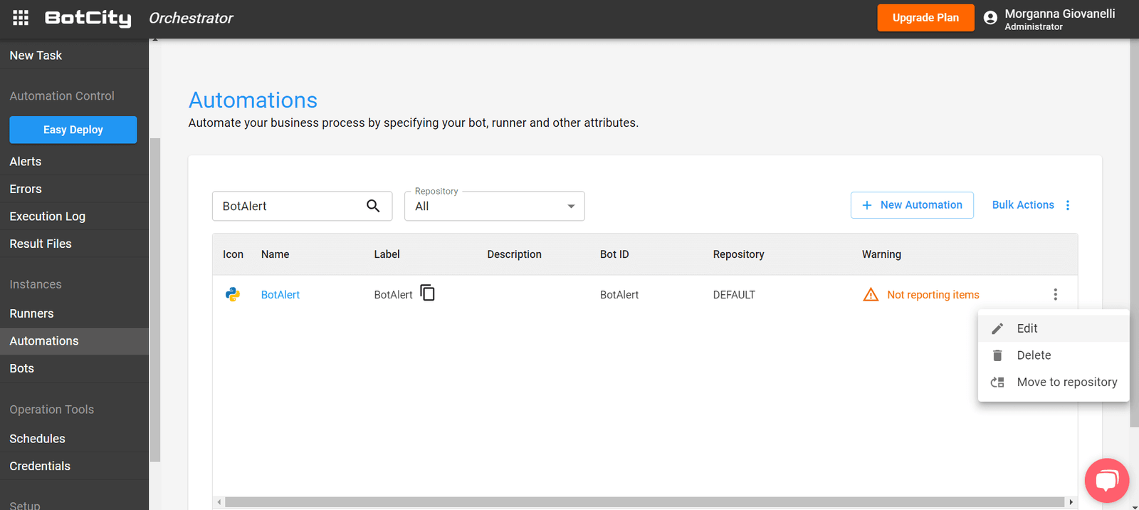 This is a screenshot of the automation screen with the BotAlert name in the filter to show only it. The menu with edit, delete, and move to repository options is also open.