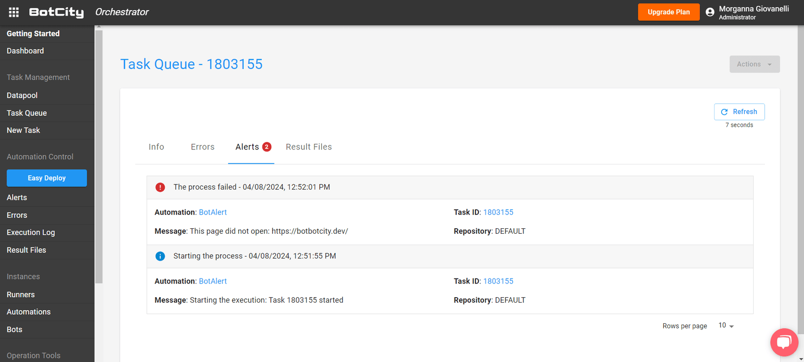 This screenshot of the task screen with the alerts tab selected shows two types of alerts: expanded INFO and ERROR.