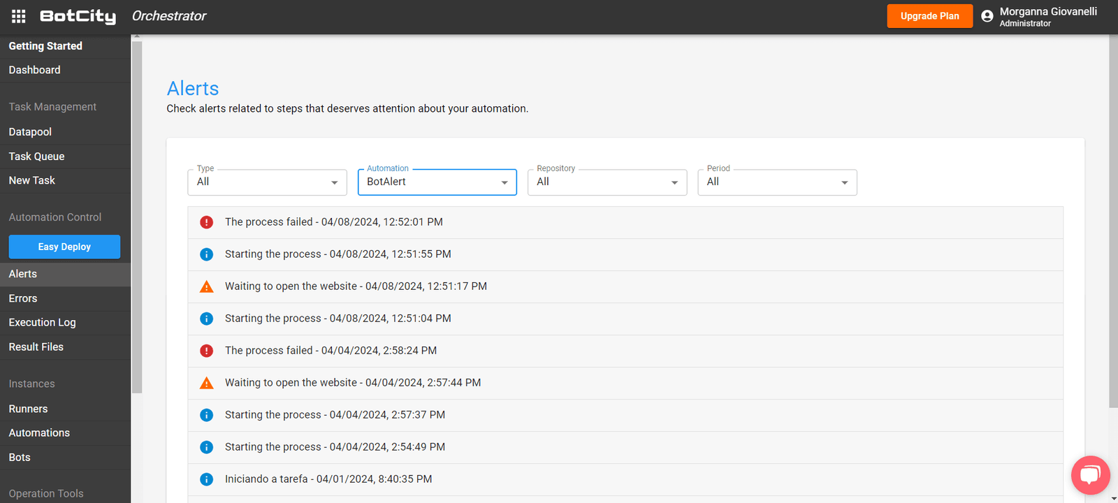 Print of the Orchestrator Alerts screen.