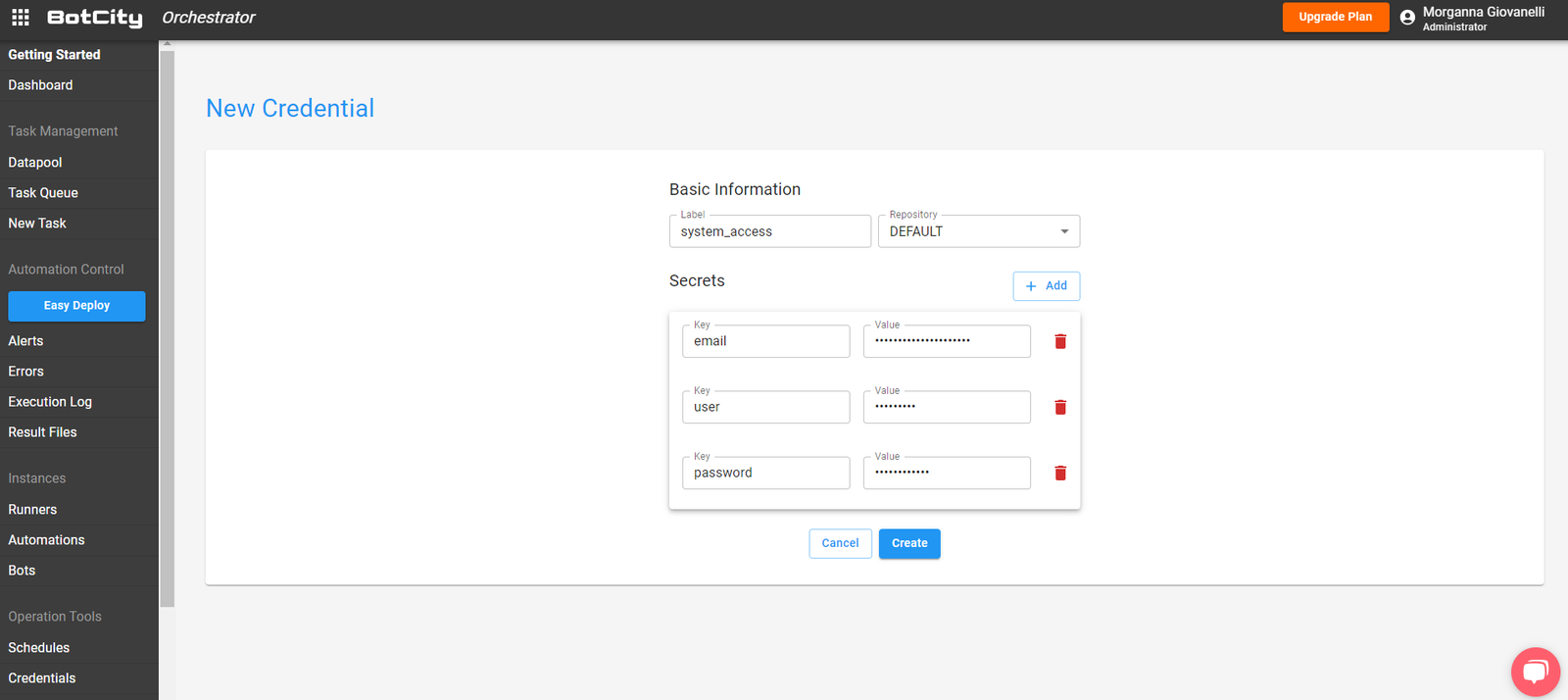 screenshot of the credential creation screen