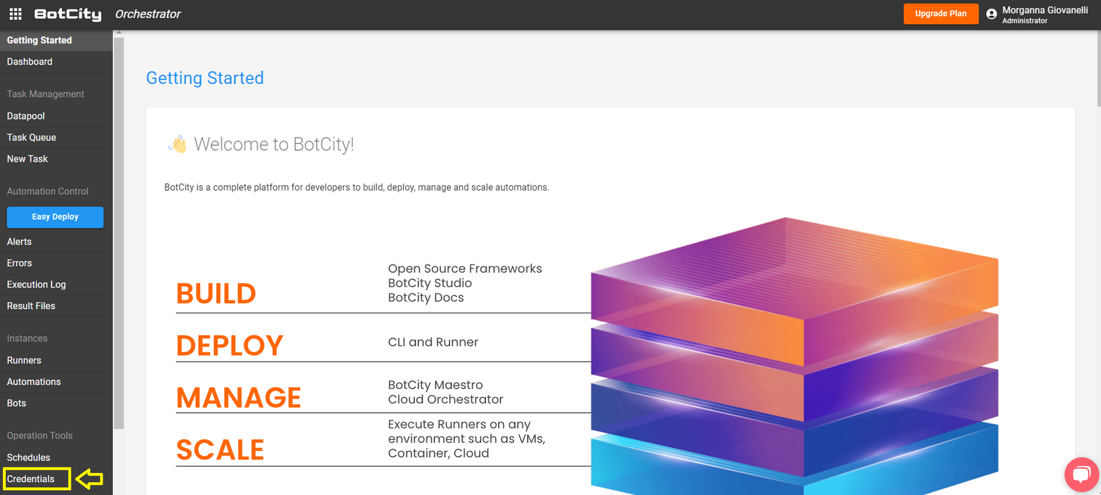 Screenshot of the orchestrator's home screen highlighting the 