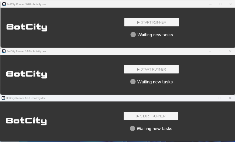 screenshot of the three runners created in awaiting new tasks status to demonstrate parallel processing of python automations