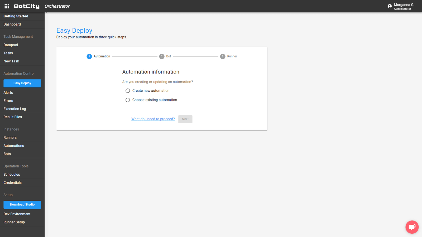 Easy Deploy screen print giving the option to create new automation or choose an existing one