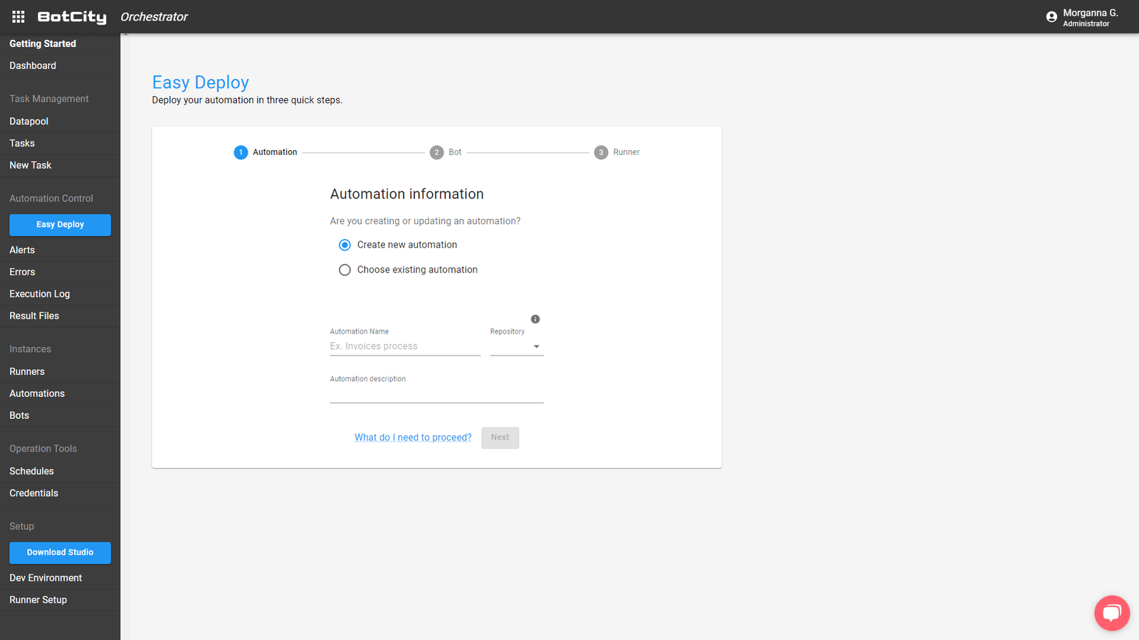 Screenshot of the Easy Deploy screen with the 