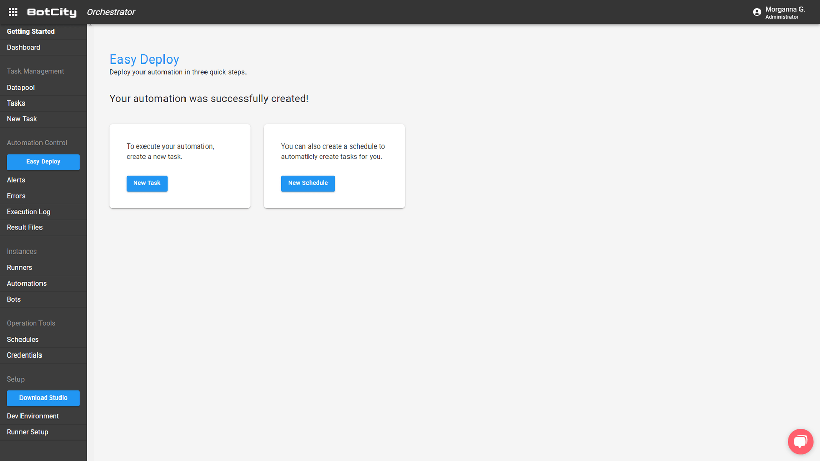 Final deploy screen giving the option to create a new task or new schedule