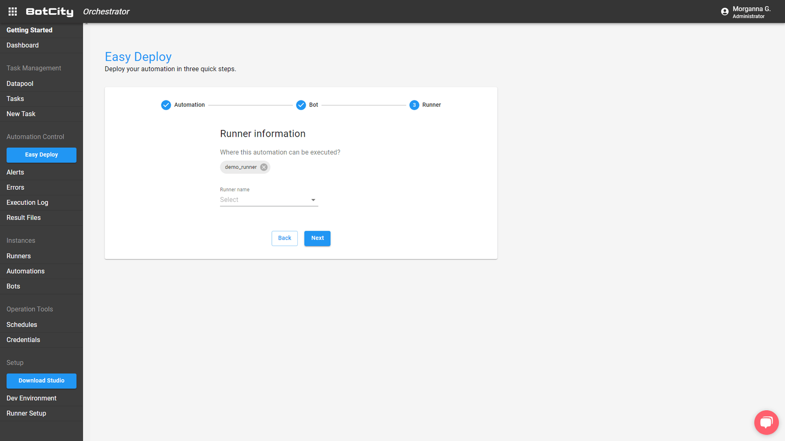 screen to choose the runner to run the automation