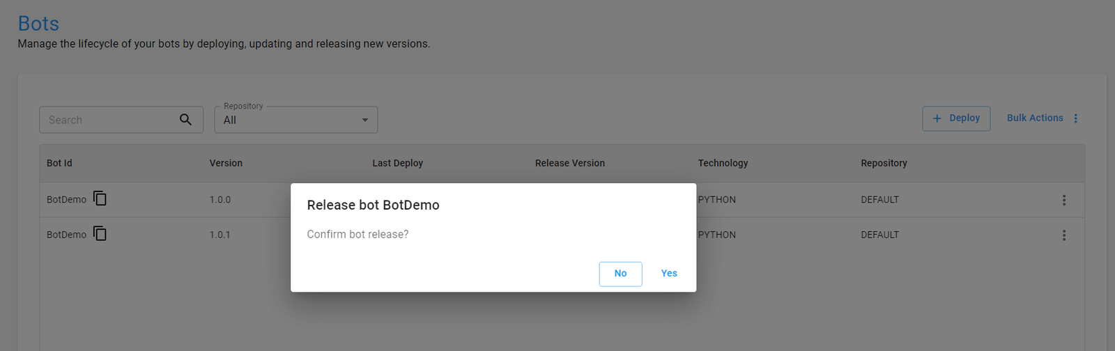 screen asking for confirmation to change the bot release
