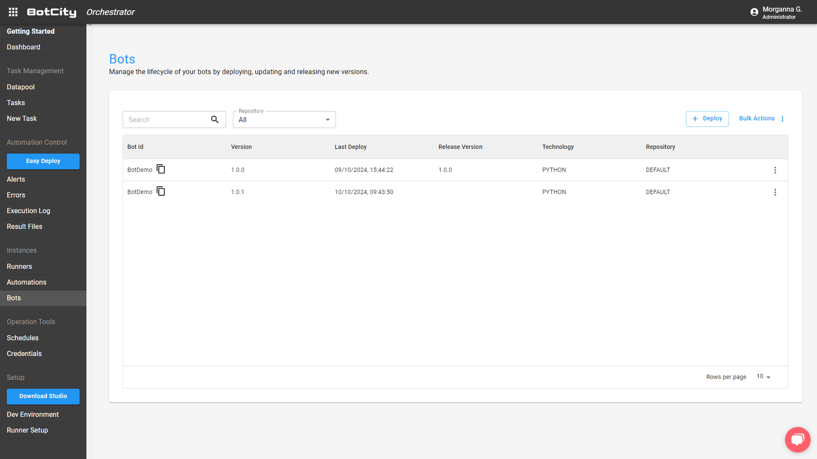 screen showing that release 1.0.1 has changed and now version 1.0.0 is in production